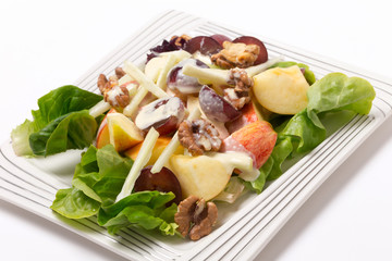 Waldorf salad over white at an angle