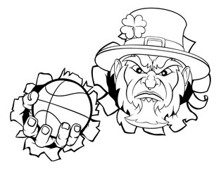 Obraz premium A leprechaun basketball sports mascot holding a ball and tearing through the background. 