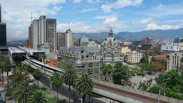 City Center Skyline with Metro Line and Rafael Uribe Uribe Palace of Culture, elevated view, Medellin, Antioquia Department, Colombia