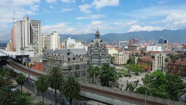 City Center Skyline with Metro Line and Rafael Uribe Uribe Palace of Culture, elevated view, Medellin, Antioquia Department, Colombia