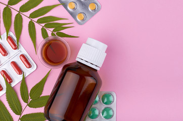 Medicine composition. Pharmacy concept background. Flat lay, top view of festive still life and health