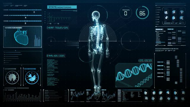 Rotating Human skeletal structure in digital display, UI,  Scanning bone system, Future medical technology. 4k animation.