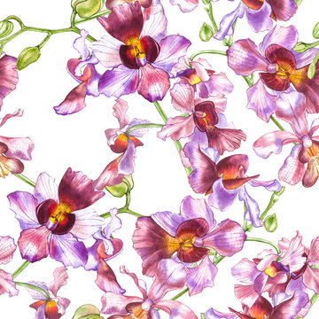 Watercolor orchid branch, hand drawn floral seamless pattern background. Flora watercolor illustration, botanical painting, hand drawing.
