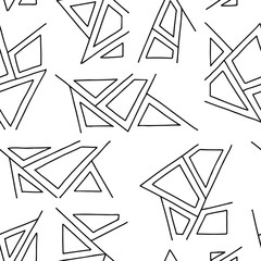 Seamless vector pattern, black and white lined asymmetric geometric background with rhombus, triangles. Print for decor, wallpaper, packaging, wrapping, fabric. Triangular graphic design. Line drawing