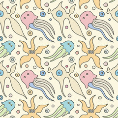 Seamless vector colorful background with hand drawn decorative childlike fish, jellyfish, octopus, starfish. Graphic illustration. Print for wrapping, wallpaper, background, surface, packaging
