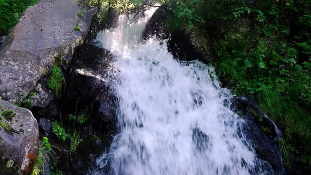 Mountain waterfall at summer green forest. Summer nature video