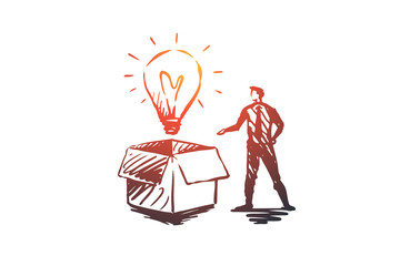 New, idea, box, bulb, creativity concept. Hand drawn isolated vector.