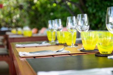 Wine glasses on table in restaurant