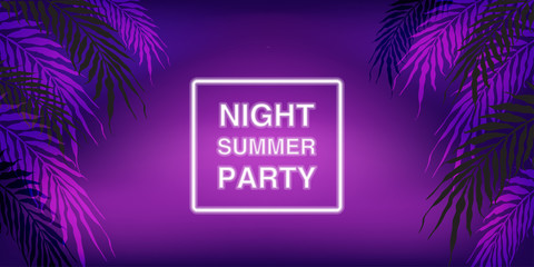Neon tropical summer palm leaves background with proton purple gradient