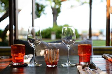 Wine glasses on table in restaurant