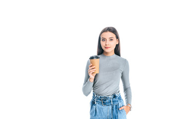portrait of attractive woman with coffee to go isolated on white