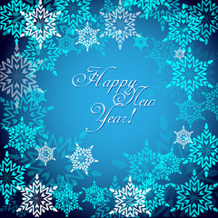 Naklejka na ściany i meble New Year Postcard with snowflakes on gradient blue background and Happy New Year lettering, vector illustration