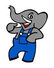 the elephant in blue overalls shows itself mascot graphic icon