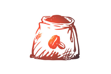 Coffee, beans, sack, roasted, seed concept. Hand drawn isolated vector.