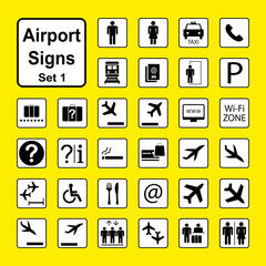 Set of Airport icons or Signs,black and white pictograms isolated
