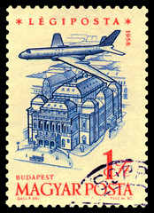 Postage stamp. Plane over Budapest. - obrazy, fototapety, plakaty
