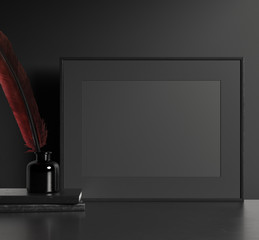 Modern dark interior with black picture frame, 3d render