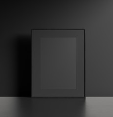 Modern dark interior with black picture frame, 3d render - obrazy, fototapety, plakaty