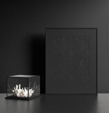 Modern dark interior with black picture frame, 3d render