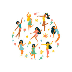 Set of young dancing girls. Vector illustration