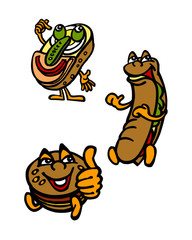 fast food icons hamburger baguette sandwich funny drawings logo cartoon