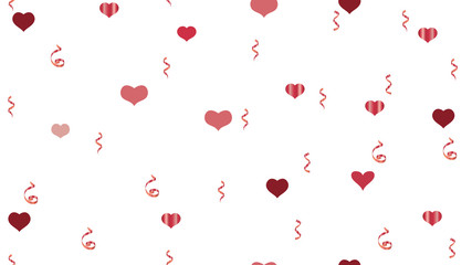 Falling Red confetti. The idea of packaging, textiles, wallpaper, banner, printing. Happy Pattern of Hearts and Serpentine. Vector Seamless Pattern on a White Background.