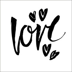 Beautiful typography background with hand drawn word Love. Handmade modern calligraphy. Modern brush ink calligraphy. Isolated on white background.
