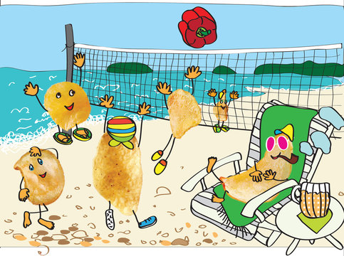 chips play beach volleyball