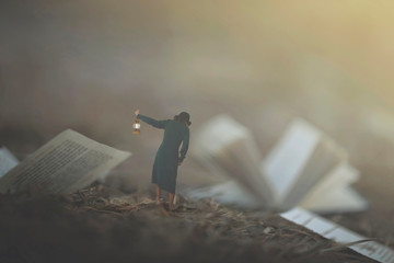 surreal moment of a woman with lantern walking confused in the fog between pages and books