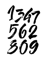 set of calligraphic acrylic or ink numbers. ABC for your design, brush lettering on a black background