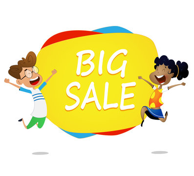 Two cartoon kids jump near banner big sale