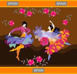 Spanish flamenco dancers dancing in flowered garden on background of hills. Cloak and shawl in the form of flying birds. Vector image.