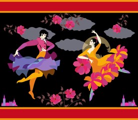 Spanish dancers in national clothes with fan and raincoat in their hands in form of flower and flying bird, dancing flamenco against night sky, moon and clouds.  Beautiful greeting or invitation card