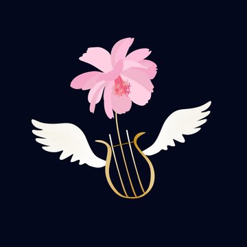 Label with winged lira and pink cosmos flower, isolated on black background in vector.