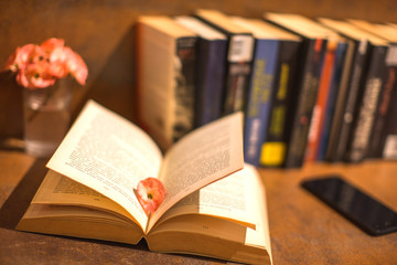 an open book with open pages and mobile phone and flower and books in background a relaxing scene in brown toning