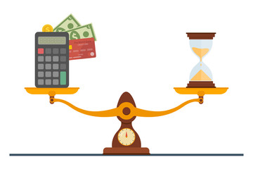 Concept of time and money. Time is more valuable than money. Time is money on scales icon. Money and time balance on scale. Vector illustration.