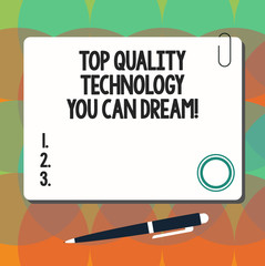 Conceptual hand writing showing Top Quality Technology You Can Dream. Business photo showcasing Best modern technological features Square Color Board with Magnet Click Ballpoint Pen and Clip
