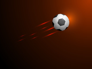 Flying soccer ball on dark brown background.