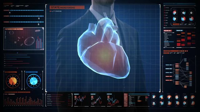 Businessman touching digital control panel screen, scanning polygon heart. Human cardiovascular system with UI, future medical technology. 4k animation.