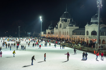 Budapest Hungary 2018: people ice skating at Városliget in Budapest 