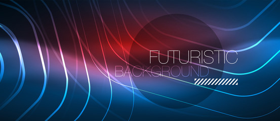 Neon glowing lines, magic energy space blue light concept, abstract background wallpaper design