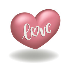 pink heart 3d shape for valentines day with calligraphy vector illustration