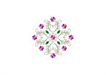 Design for embroidery pattern with bouquets of delicate white and purple flowers in a bead frame on a white background



