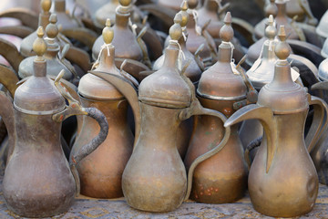 Fototapeta na wymiar Old coffee pots in Doha souq