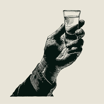 Male hand holding a shot of alcohol drink. hand drawn design element. engraving style. vector illustration