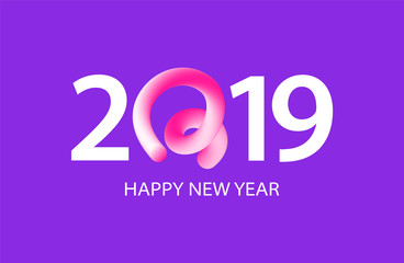 2019 Happy New Year greeting banner with Curly Pig Tail in a shape of number. A symbol of the Chinese 2019 year.