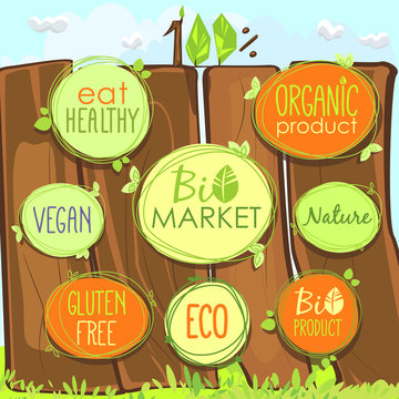 Vector Bio icon set on a wooden fence of labels, stamps or stickers with signs - Bio market, gluten free, organic product, vegan, food healthy, eat healthy, organic, bio product, nature, Eco food