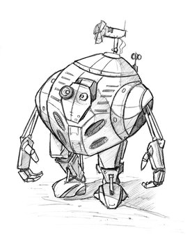 Black and white rough pencil sketch of cute funny robot character.