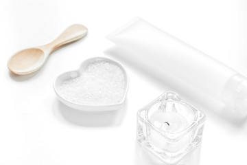cosmetic set in body care consept on white table background