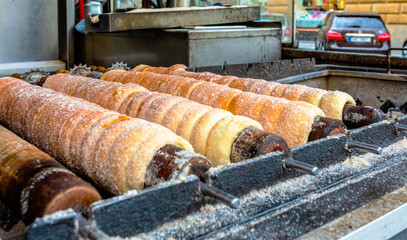 Trdelnik bakery on the street market in Prague, Czech Republic.